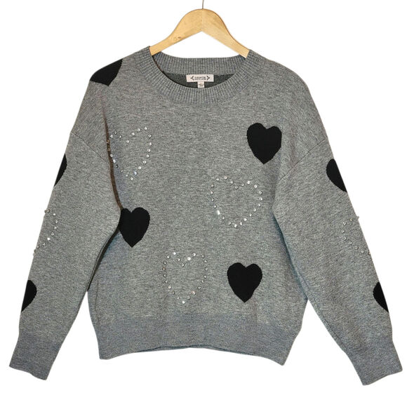 Nanette Lepore Gray Heart Knit Sweater Rhinestone Studs Cozy Casual Chic Size L - Picture 1 of 12